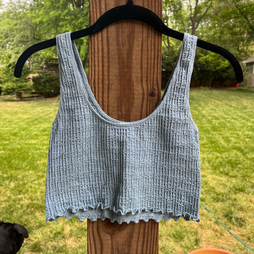 Light Blue Textured Crop Tank Top with Butterfly Hem - Women